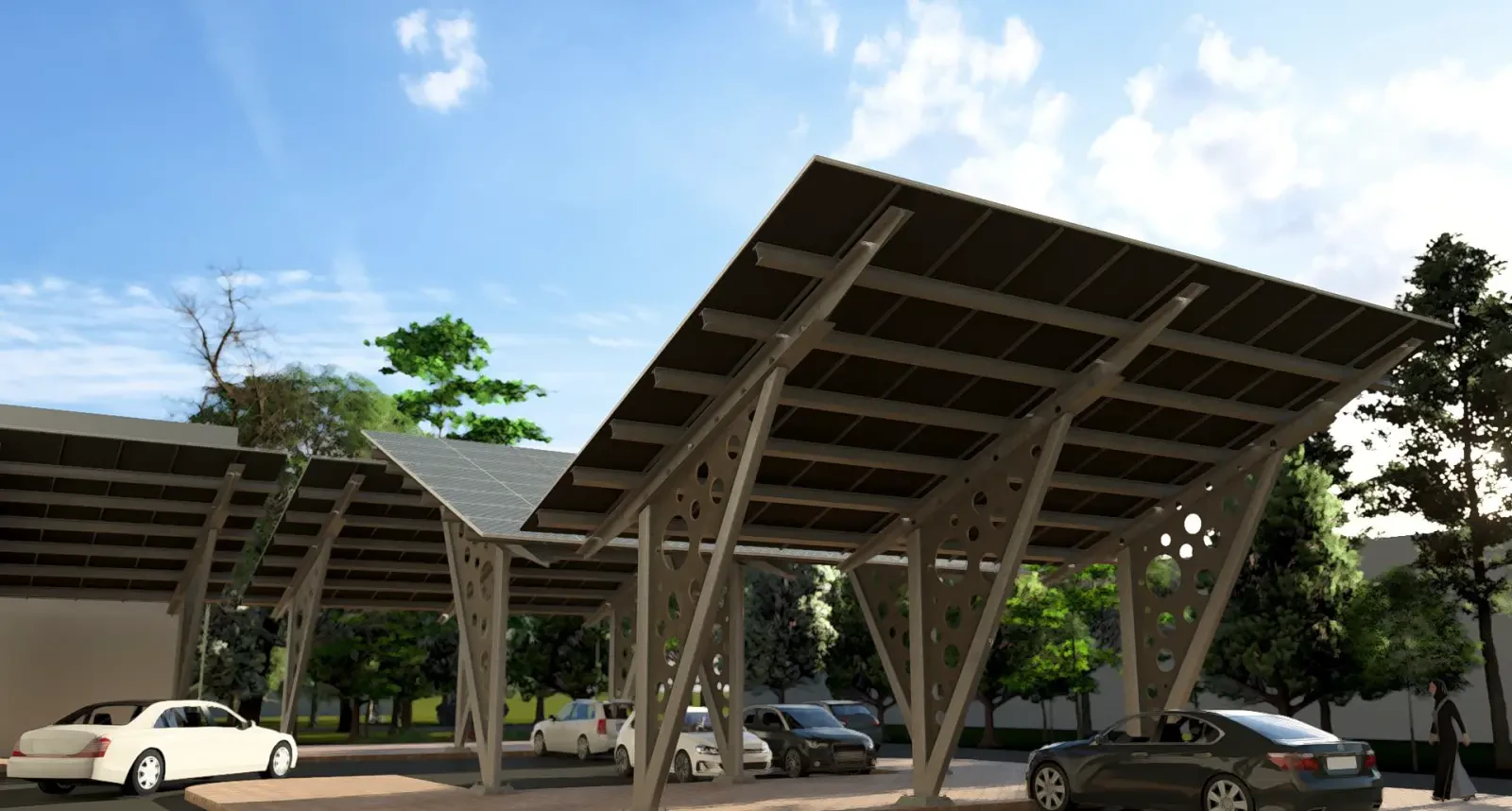 Rendering of steel car park shade structures at Shah Amanat airport mosque
